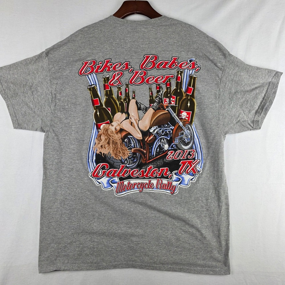 Gildan 2013 Galveston TX Motorcycle Rally Bikes Babes Beer Gray T-Shirt Mens XL
